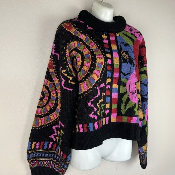 FARM Rio Black Mixed Scarves Sweater Floral Thick High-Neck Pullover - Picture 3 of 9